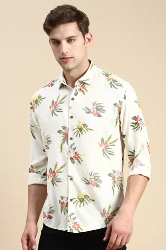 men's long sleeves floral cream shirt