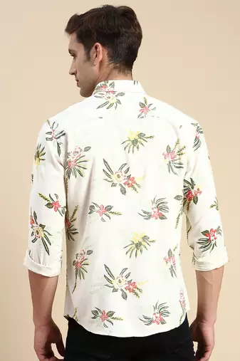 men's long sleeves floral cream shirt