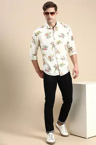 men's long sleeves floral cream shirt