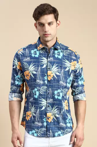 men's long sleeves abstract teal shirt