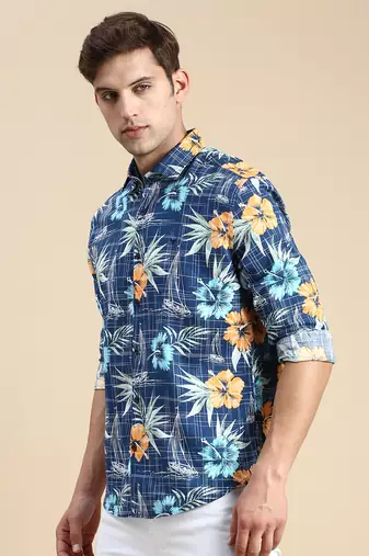 men's long sleeves abstract teal shirt