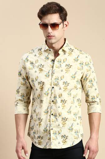 men's long sleeves floral beige shirt