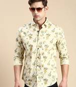 men's long sleeves floral beige shirt