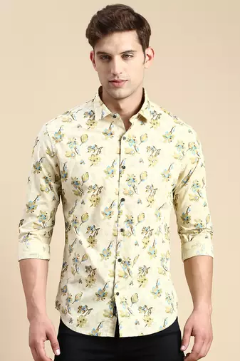 men's long sleeves floral beige shirt