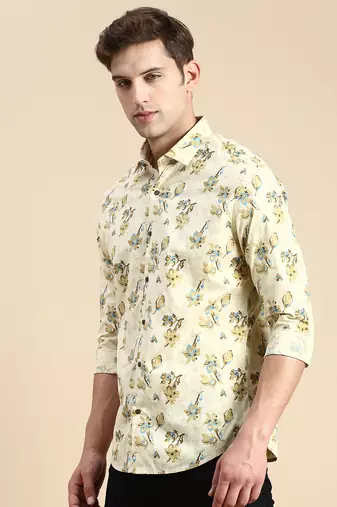 men's long sleeves floral beige shirt