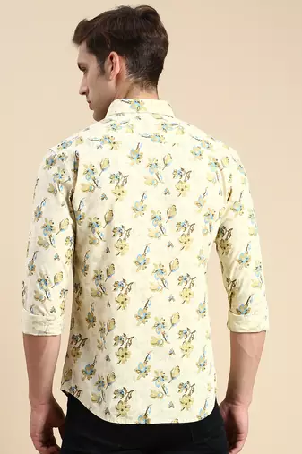 men's long sleeves floral beige shirt