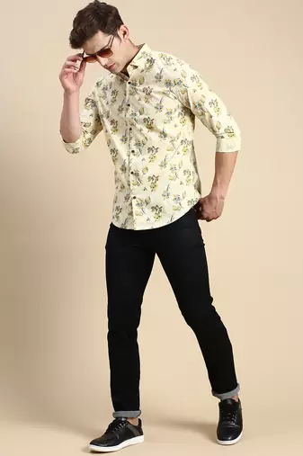 men's long sleeves floral beige shirt