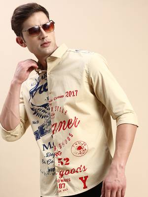 men's long sleeves typography khaki shirt 1