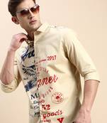 men's long sleeves typography khaki shirt