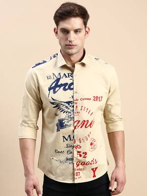 men's long sleeves typography khaki shirt 2