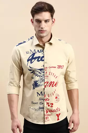 men's long sleeves typography khaki shirt