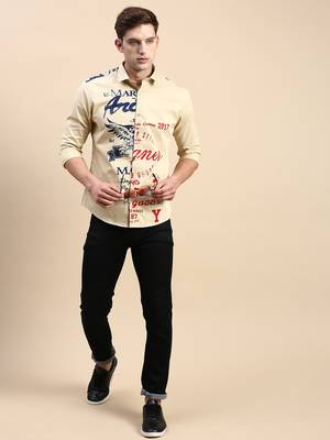 men's long sleeves typography khaki shirt 4