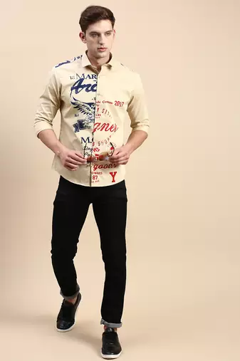 men's long sleeves typography khaki shirt