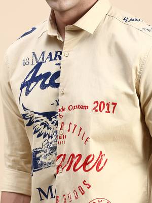 men's long sleeves typography khaki shirt 5