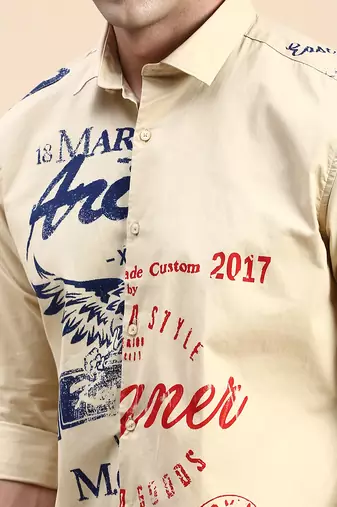 men's long sleeves typography khaki shirt