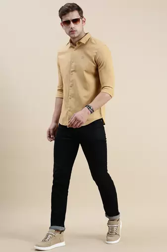 Showoff men's long sleeves solid khaki shirt