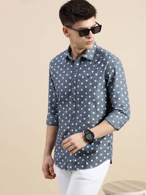 men's long sleeves polka dots blue shirt 1