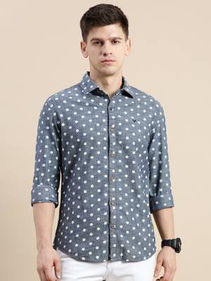 men's long sleeves polka dots blue shirt 2