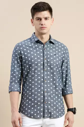 men's long sleeves polka dots blue shirt