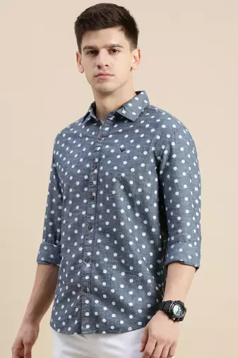men's long sleeves polka dots blue shirt