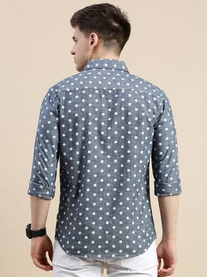 men's long sleeves polka dots blue shirt 4