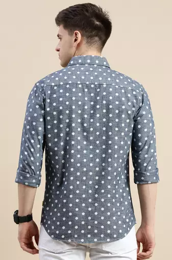 men's long sleeves polka dots blue shirt
