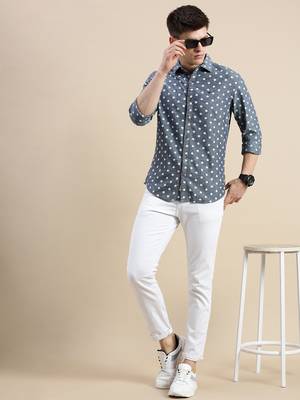 men's long sleeves polka dots blue shirt 5