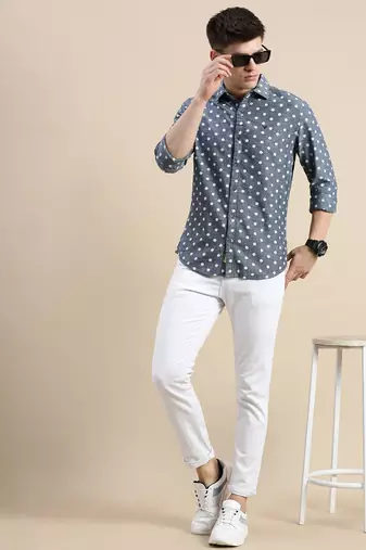 men's long sleeves polka dots blue shirt