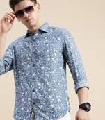 men's long sleeves floral blue shirt
