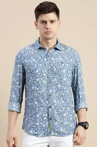 men's long sleeves floral blue shirt