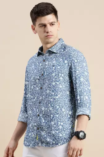 men's long sleeves floral blue shirt