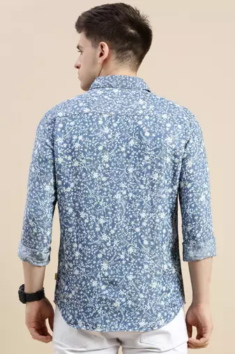 men's long sleeves floral blue shirt