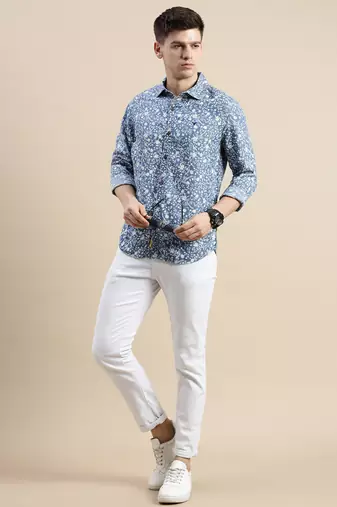 men's long sleeves floral blue shirt