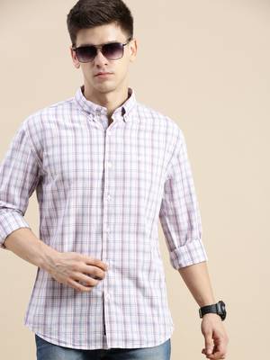 Showoff men's long sleeves gingham checks cream shirt 1