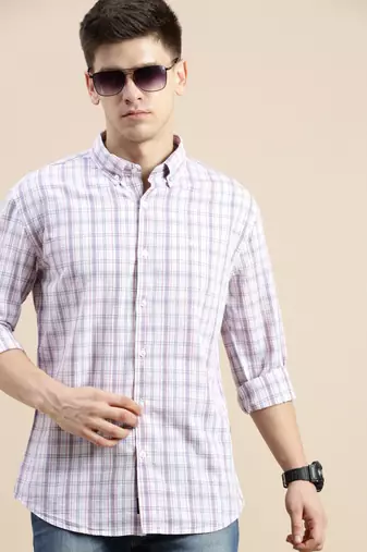 Showoff men's long sleeves gingham checks cream shirt