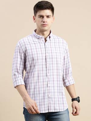 Showoff men's long sleeves gingham checks cream shirt 2