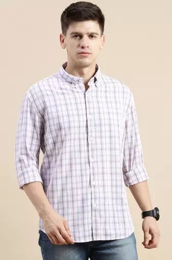 Showoff men's long sleeves gingham checks cream shirt