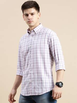 Showoff men's long sleeves gingham checks cream shirt 3