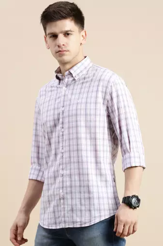 Showoff men's long sleeves gingham checks cream shirt