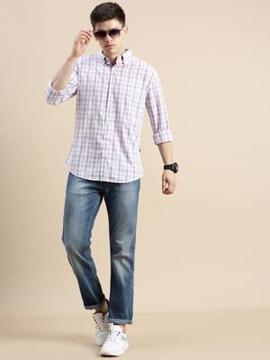 Showoff men's long sleeves gingham checks cream shirt 5
