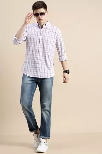 Showoff men's long sleeves gingham checks cream shirt
