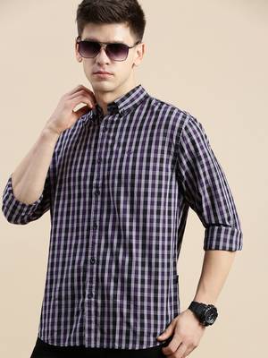 Showoff men's long sleeves micro checks purple shirt 1