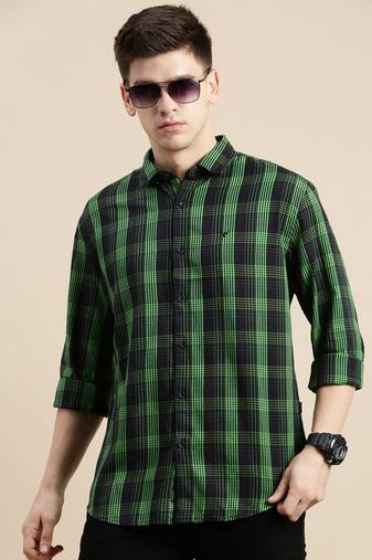 men's long sleeves gingham checks black shirt