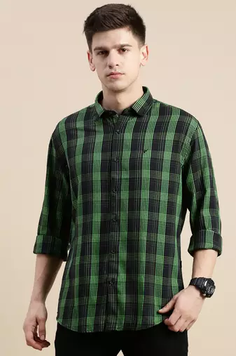 men's long sleeves gingham checks black shirt