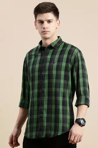 men's long sleeves gingham checks black shirt
