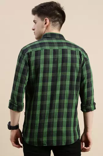 men's long sleeves gingham checks black shirt
