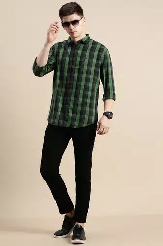 men's long sleeves gingham checks black shirt