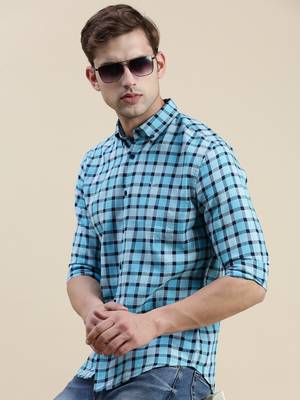 men's long sleeves gingham checks  blue shirt 1