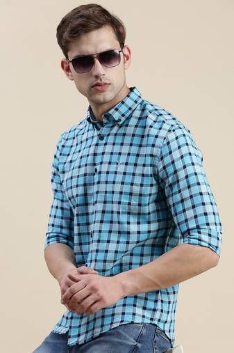 men's long sleeves gingham checks  blue shirt
