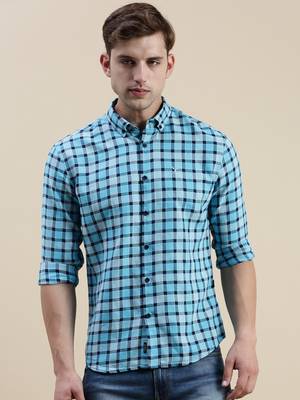 men's long sleeves gingham checks  blue shirt 2